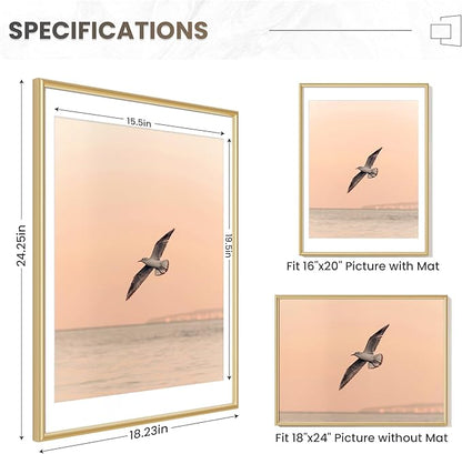 Fun Memories Gold Picture Frame 18x24, Aluminum 18"x24" With Mat & Real Glass, 18 by 24 Gold Frame for 16x20 Poster