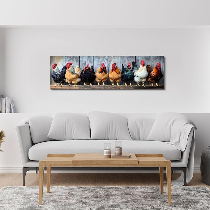 Large Farm Chicken Wall Art Rooster Kitchen Wall Decor Rustic Farmhouse Coop Picture Canvas Prints for Dining Room Decorations Colorful Country Animal Poster Painting Artwork Cabin Home Decor 14x48”