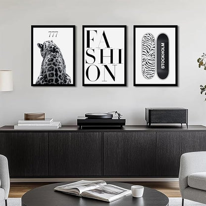 SUOLIUKJYS 3Pcs Trendy Leopard Wall Art Black White Cheetah Wall Decor Fashion Aesthetic Canvas Posters Preppy Stockholm Prints Stylish Cheetah Pictures Y2k Painting for Bedroom Unframed 12x16 Inch