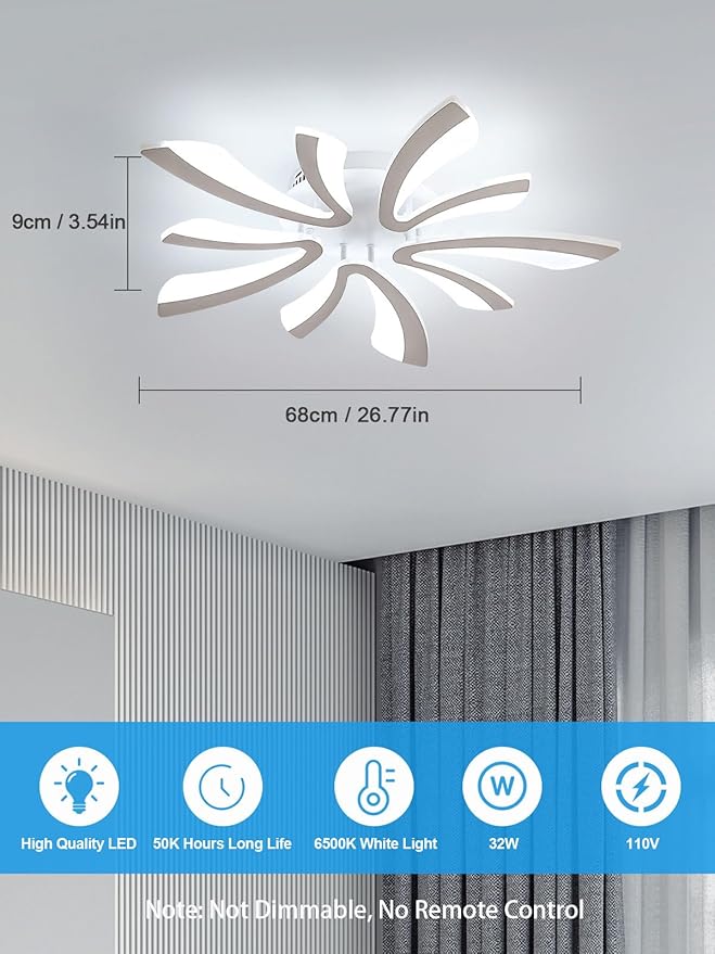 Goeco Modern Ceiling Light, 27.5'' LED White Acrylic V-Shaped Flush Mount Ceiling Lights, 6500K Ceiling Light Fixture for Living Room, Dining Room, Bedroom, Kitchen