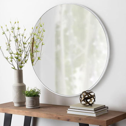 Round Wall Mirror 36 Inch, Large Circle Mirrors with White Wood Frame for Bathroom, Entry, Dining Room & Living Room,Tempered Glass-Shatterproof Mirror (White, 36 in)