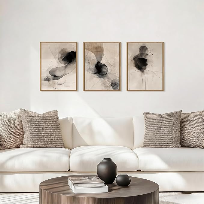 HPNIUB Beige Abstract Modern Framed Wall Art Set,Neutral Black Ink Line Wall Decor,Boho Geometric Line Art Print,Watercolor Minimalist Textured Brown Artwork for Living Room, Bedroom,Office-12 x16 x3