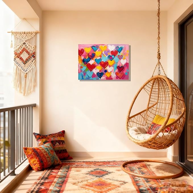 16x24 Graffiti Pink Hearts Canvas Art Wall Modern Abstract Love Painting Colorful Kids Bedroom Decor Photo Teen Girl Rainbow Room Wall Posters Child Gift Bathroom Oil Prints Office Bright Pictures