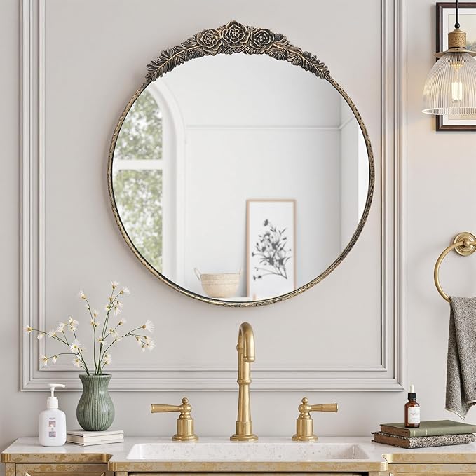 Growsun Round Wall Mirror with Vintage Black Floral Frame – 28 Inch Decorative Wall Mirror for Living Room, Bedroom, Entryway, Bathroom Vanity – Elegant Antique Accent Home Décor
