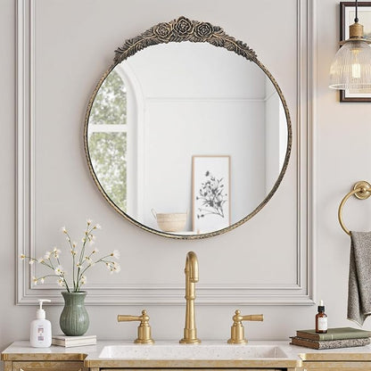Growsun Round Wall Mirror with Vintage Black Floral Frame – 28 Inch Decorative Wall Mirror for Living Room, Bedroom, Entryway, Bathroom Vanity – Elegant Antique Accent Home Décor