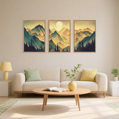 Mountains Forests Framed Canvas Wall Art Set, Abstract Woodland Painting, Boho Scenery Sun Wall Decor, Natural Woodgrain Art Print for Living Room, Bedroom, Dining Room, Office - 24"x36"x3