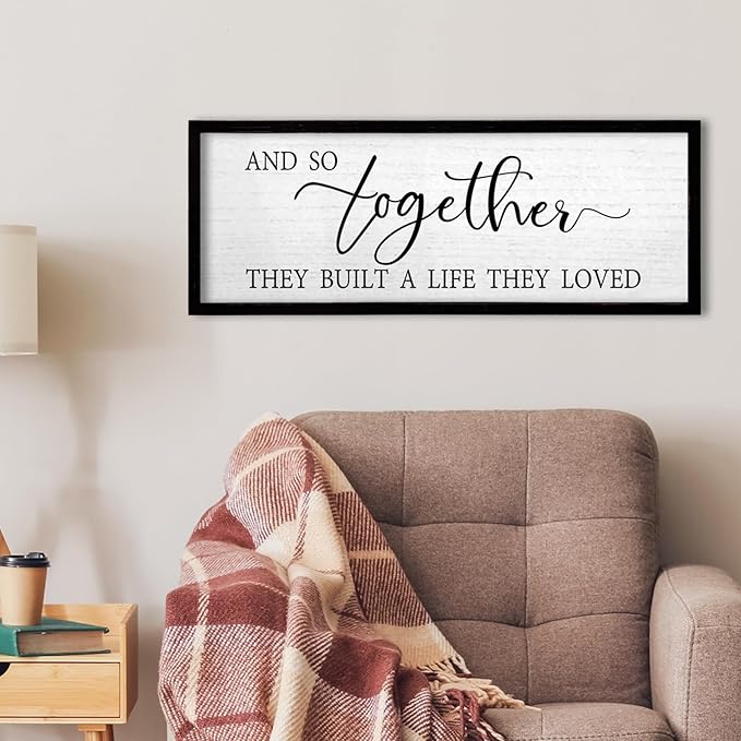 TQianJiang And So Together They Built A Life They Loved Above Bed Wall Decor 24"X10" for Master Bedroom Over Bed Sign Large Wood Framed Wall Hanging Art (Black)