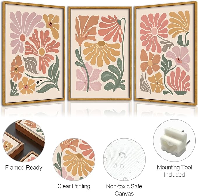 TBKHUDBI Framed Boho Flower Wall Art Abstract Floral Canvas Pictures Prints Set of 3 Minimalist Botanical Painting Poster Flower Market Aesthetic Wall Decor for Living room Bedroom 16"x24"