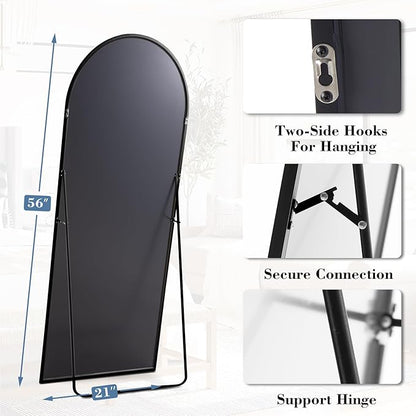 DUMOS Arched Full Length Mirror, 56"x21" Full Body Floor Standing Mirror with Aluminum Frame and Shatter Proorf Nano Glass, Modern Wall Hanging Leaning for Living Room, Home Decor, Black