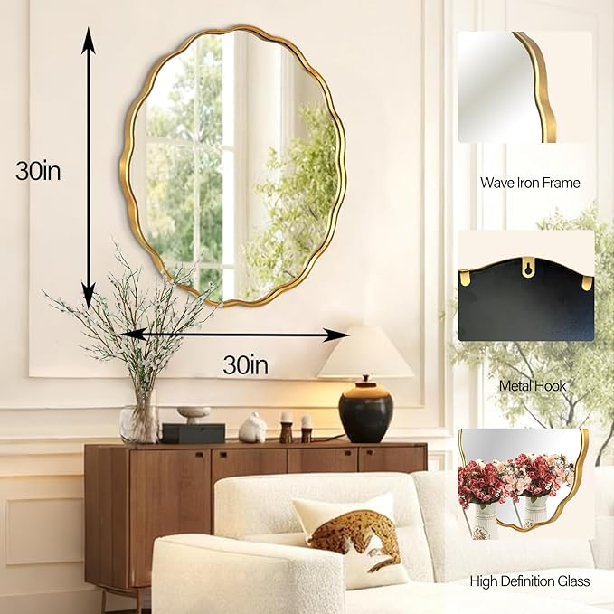 Gold Round Wavy Mirror 30 Inch ，Circle Bathroom Vanity Mirror Mental Frame Decorative Wall Mounted Mirror for Bedroom Living Room