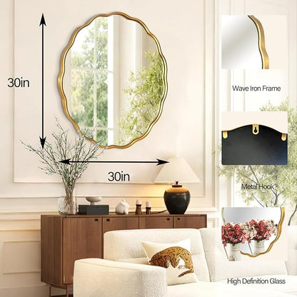 Gold Round Wavy Mirror 30 Inch ，Circle Bathroom Vanity Mirror Mental Frame Decorative Wall Mounted Mirror for Bedroom Living Room