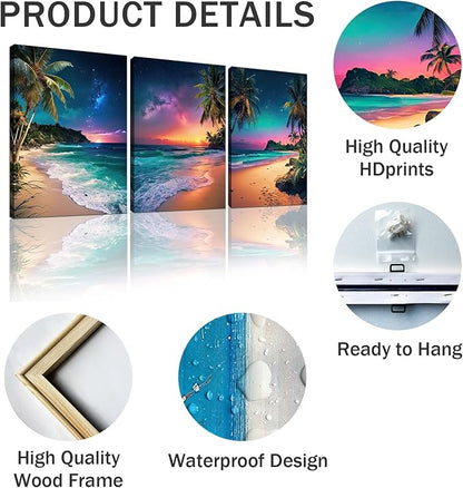 weiyiart 3-Piece Tropical Beach Wall Art, Northern Lights Ocean Sunset Canvas Prints, Palm Tree Coastal Seascape Decor for Living Room Bedroom Bathroom Office, 12"x16" Set of 3