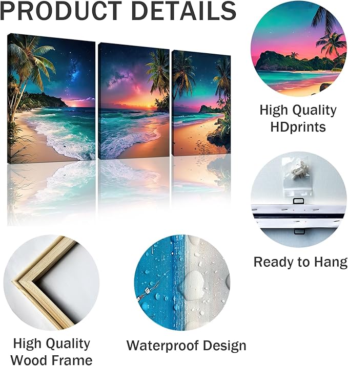 Sunset Ocean Canvas Wall Art Tropical Beach Prints Painting Palm Coconut Tree Natural Landscape 3 Panels Framed Coastal Artwork for Bathroom Living Room Bedroom Decor 16"x24"x3pcs
