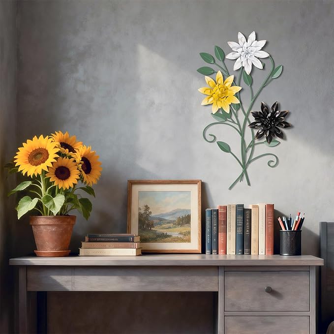 KHJCXS 19"×12" Metal Flower Leaf Wall Art with 6 Piece Interchangeable Flowers, Modern Rustic Iron Artwork Hanging Decor, for Home Bedroom Living Room Dining Room Kitchen Office