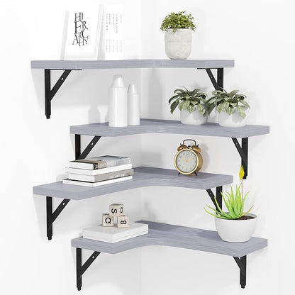 ROMGUAR CRAFT Corner Floating Shelves Wall Mounted Set of 4, Rustic Wood Storage Display Shelves for Home Decor, Bathroom, Kitchen, Bedroom, Living Room, Office (Light Grey)