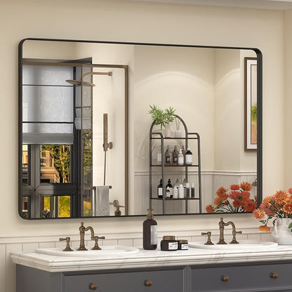 60x40 Inch Black Matte Framed Bathroom Mirror for Wall, Rounded Corner Rectangle Vanity Mirror, Tempered Glass, Anti-Rust, Shatterproof (Horizontal/Vertical)