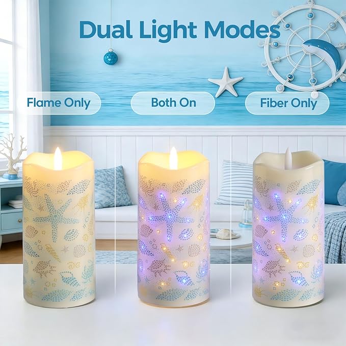 Eywamage Fiber Optic Flameless Pillar Candles with Remote Timer, Ocean Theme LED Battery Candles Home Decor Set of 3 Φ 3" H 6"
