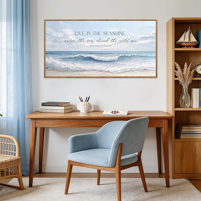 Aurlan Live In The Sunshine Swim The Sea Drink The Wild Air Framed Wall Art(40"x20"), 3D Textured Blue White Coastal Ocean Waves Canvas Artwork, Large Ralph Waldo Emerson Quotes Painting Decor for Home Office Living Room Bedroom