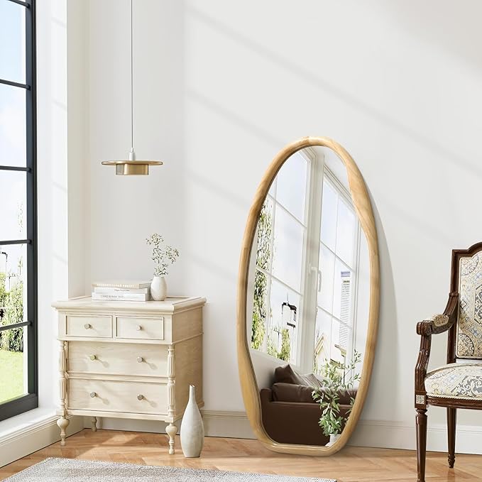 JJUUYOU Irregular Wood Frame Wall Mirror Asymmetrical Mirrors for Wall 40"X20" Decorative Wooden Hanging Mirror for Bathroom Bedroom Living Room Cloakroom Entryway Wood