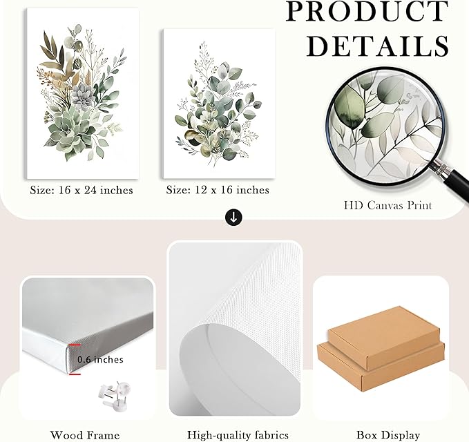 FYLDPSB 3 PCS Unframed Watercolor Floral Canvas Wall Art, Boho Sage Green Wildflower Wall Decor, Modern Flowers and plants Painting Print for Bedroom Living Room Bathroom Decorations 16''L x 24''W