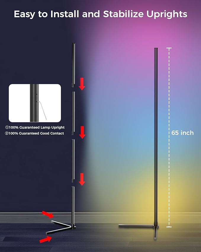 2 Pack Corner Floor Lamp, 65" RGB LED Corner Lamp, Color Changing Ambient Lighting with Music Sync - App and Remote Control LED Lamp for Bedroom, Living Room, Gaming Room