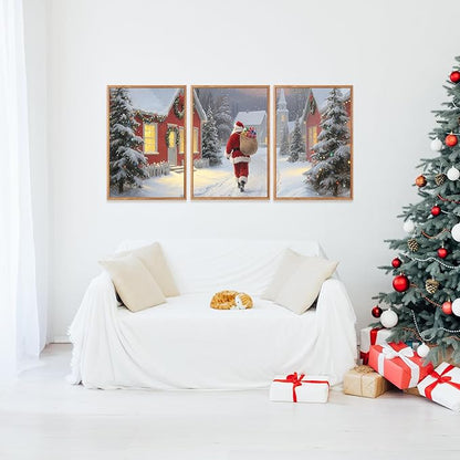 Aurlan Santa Claus is Coming to Town Framed Wall Art(12"x16"), 3PCS Vintage Christmas Winter Holiday Canvas Artwork, Large Xmas Snow Forest Cabin Cottagecore Decor for Home Office Bedroom