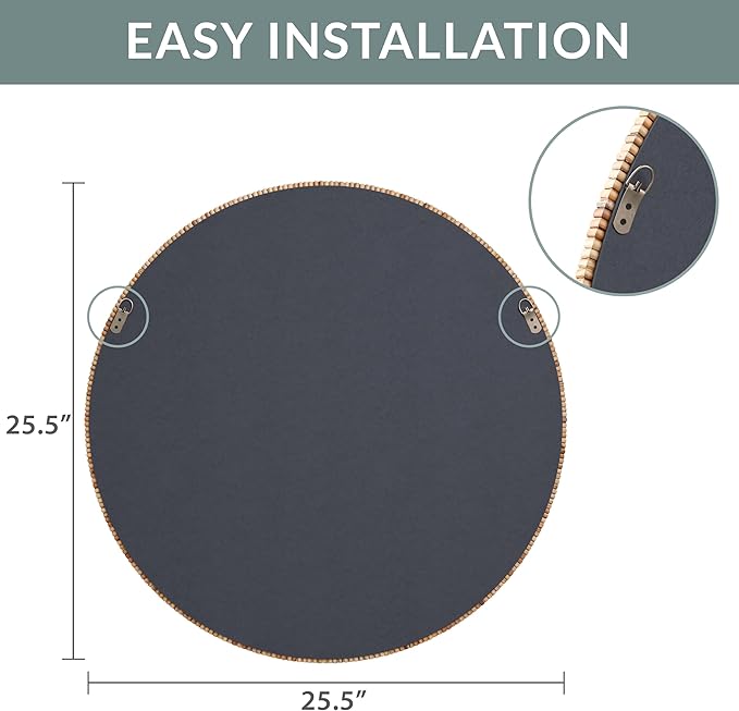 Barnyard Designs Round Rattan Wall Mirror, Natural Tan Woven Rattan Frame, Indoor Decorative Mirror for Bedroom Living Room Entryway (25.5", Round)