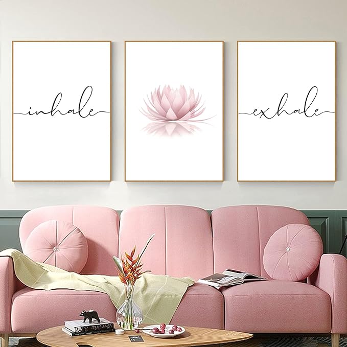 Pennclys Inhale Exhale Wall Art Zen Canvas Decor Yoga Lotus Wall Art Calming Meditation Artwork Pink Yoga Poster Zen Pictures Painting for Living Room Bedroom 12x16 Inch Unframed Set of 3
