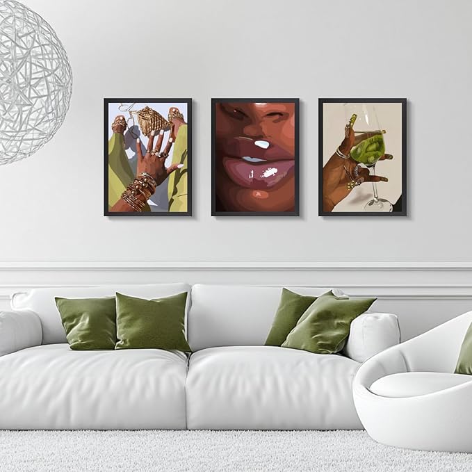 Hianan Black Girl Canvas Wall Art Set of 3, Wood Framed African American Woman Wall Decor, Fashion Black Women Poster Prints, Abstract Black Girl Aesthetic Pictures for Living Room Bedroom 12"x16"