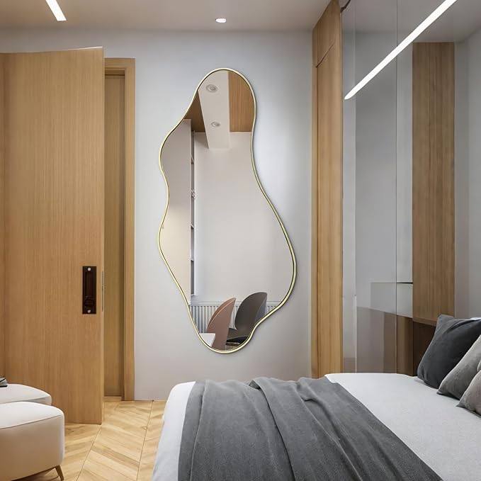 Large Irregular Mirror, 55"x25.6" Asymmetrical Mirrors with Gold Metal Frame, Modern Unique Shaped Abstract Mirror for Living Room Bathroom Bedroom Entryway, Hangs Horizontal Or Vertical