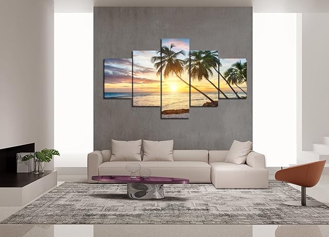 Sunset Palm Beach Ocean Landscape Seascape Modern Pictures Painting on Canvas 5 Panels Combination Enlarge for Wall Art Living Room Home Decor Framed Stretched (60" W x 40" H)