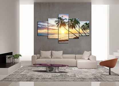 Sunset Palm Beach Ocean Landscape Seascape Modern Pictures Painting on Canvas 5 Panels Combination Enlarge for Wall Art Living Room Home Decor Framed Stretched (60" W x 40" H)