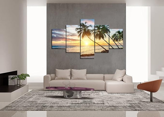 Sunset Palm Beach Ocean Landscape Seascape Modern Pictures Painting on Canvas 5 Panels Combination Enlarge for Wall Art Living Room Home Decor Framed Stretched (60" W x 40" H)