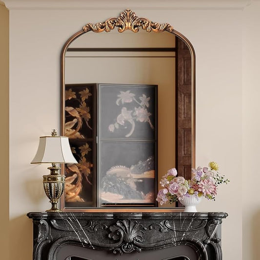 OUSHUAI Gold Antique Mirror,24"X36" Arched Bathroom Mirror,Victorian Antique Bronze Mirrors with Full Matel Frame,Wall Arch Mirror for Entryway/Bathroom/Fireplace