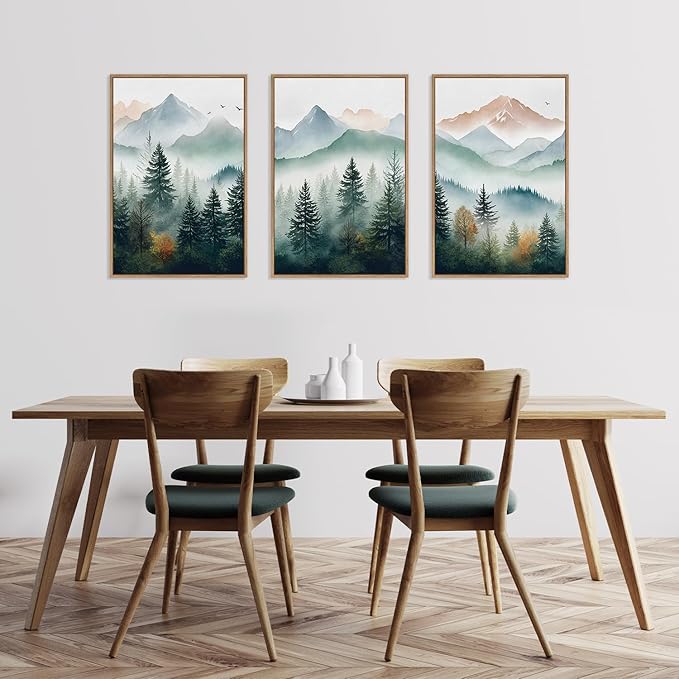HLNIUC Misty Forest Wall Art Canvas,Landscape Mountains Wall Art,Modern Foggy Pine Artwork,Boho Nature Artwork Watercolor,Pine Tree Painting,Mist Wilderness Prints for Living Room Bedroom 16x24x3