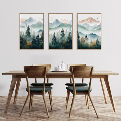 HLNIUC Misty Forest Wall Art Canvas,Landscape Mountains Wall Art,Modern Foggy Pine Artwork,Boho Nature Artwork Watercolor,Pine Tree Painting,Mist Wilderness Prints for Living Room Bedroom 16x24x3