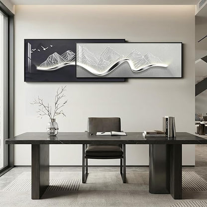 Extra Large Framed Modern Wall Art for Living Room, Set of 2 Long Narrow Black and White Abstract Mountain Prints Paintings, Horizontal Minimalist Pictures for Bedroom Dining Room Office Wall Decor