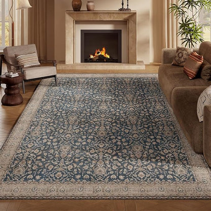 9x12 Area Rugs Dark Green Washable Rug for Living Room, Dining Room, Bedroom, Large Carpets, Non Slip & Non-Shedding Low Pile Vintage Print Rug for Home Office Decor