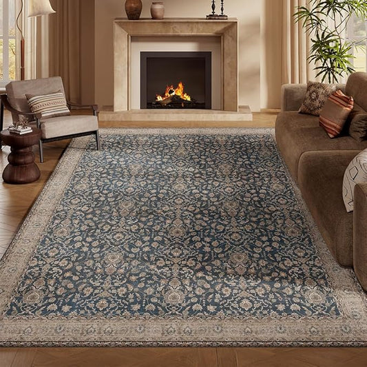 8x10 Area Rugs Dark Green Washable Rug for Living Room, Dining Room, Bedroom, Large Carpets, Non Slip & Non-Shedding Low Pile Vintage Print Rug for Home Office Decor