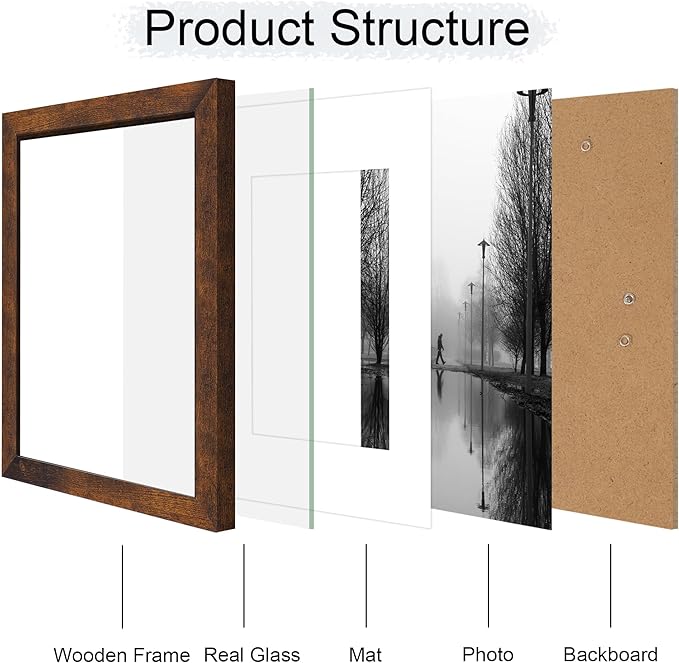 iRahmen 11x14 Picture Frame Set of 2 with High Definition Tempered Glass, Wood Photo Frame Display Pictures 8x10 with Mat or 11 x 14 Without Mat for Wall Mounting Horizontal or Vertical