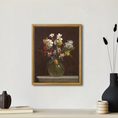 Pyradecor Vintage Framed Canvas Wall Art Retro Farmhouse Decor Flowers in Vase Canvas Prints Classical Floral Painting Artwork for Bedroom Office Decorations