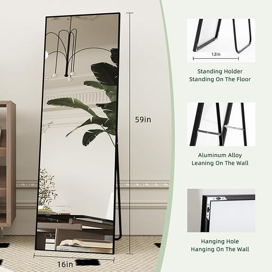 Beauty4U 59" x 16" Full Length Mirror with Stand & Wall Mount, HD Tempered Glass Full Body Mirror for Bedroom, Living Room, Dressing Room, Black Aluminum Frame