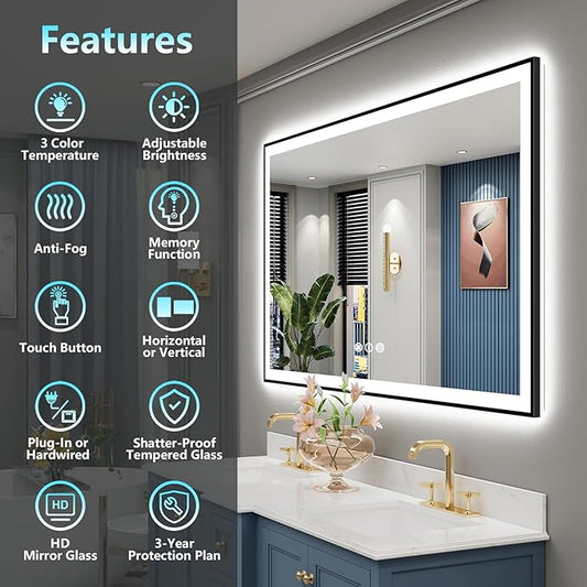 60x40 Black Framed LED Bathroom Mirror with Lights, Backlit and Front Lit Anti-Fog Lighted Vanity Mirrors for Bathroom Wall, Dimmable, 3 Colors, Memory, HD Tempered Glass, Horizontal/Vertical