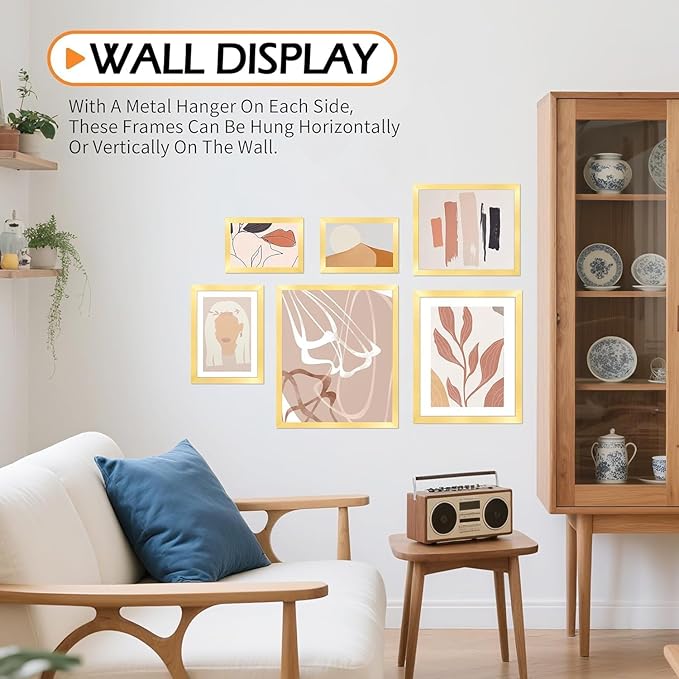 11x17 Picture Frame, Vertical or Horizontal Wall Hanging Frame for Photos, Posters & Art Prints, Display Pictures 9x15 with Mat or 11 x 17 Without, Gold Frame with Clear Plexiglass, 2 Pack