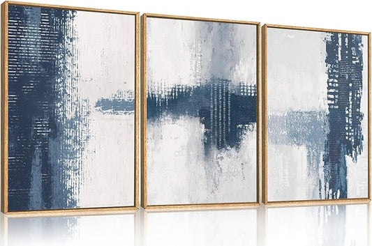 Celestdeco Large Abstract Navy Blue Grey Framed Canvas Wall Art Set,Modern Minimalist Wall Decor,Neutral Brush Stroke Artwork for Living Room,Bedroom,Dining Room,Office-16 x24 x3