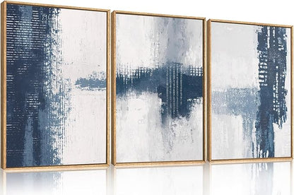 Celestdeco Large Abstract Navy Blue Grey Framed Canvas Wall Art Set,Modern Minimalist Wall Decor,Neutral Brush Stroke Artwork for Living Room,Bedroom,Dining Room,Office-24 x36 x3