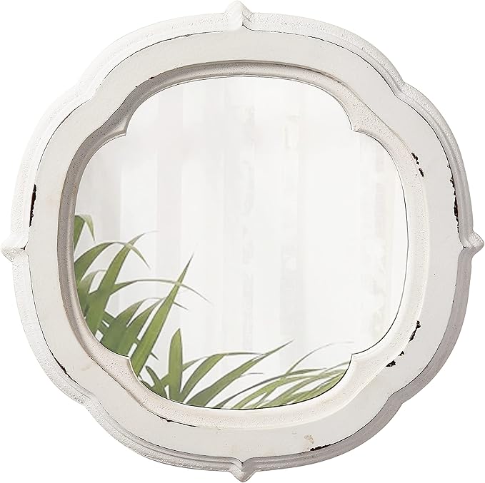 Rustic Wooden Round Bathroom Mirror 9.1 inch, Hanging Distressed White Vintage Small Wall Mirror Decor, Farmhouse Decorative Porthole Mirrors for Hallway Bedroom Entryway Vanity