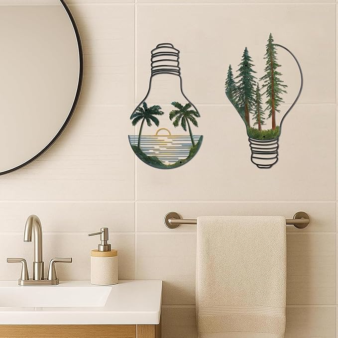 ESTART Metal Pine Tree Wall Art, Metal Bulb Wall Decor, Nature Rustic Farmhouse Cabin Decor, Forest Wall Art for Home Living Room Bedroom Office Indoor and Outdoor Decoration (Colorful)