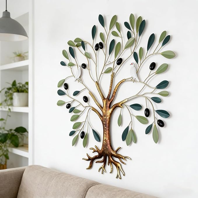 Fangoo Metal Green Olive Tree Metal Wall Art Tree of Life Home Decor with Dove of Peace 22 x 26 Large Olive Branches Lifelike Fruits Wall Hanging for Living Bedroom Garden Porch Office Wall Decor