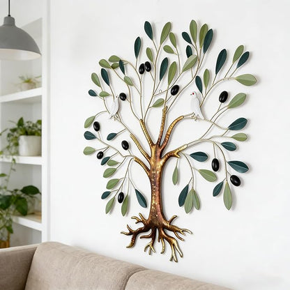 Fangoo Metal Green Olive Tree Metal Wall Art Tree of Life Home Decor with Dove of Peace 22 x 26 Large Olive Branches Lifelike Fruits Wall Hanging for Living Bedroom Garden Porch Office Wall Decor